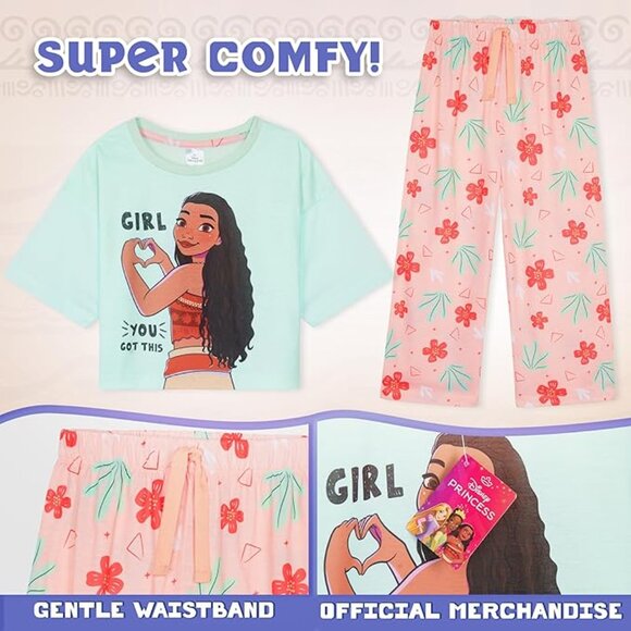 Disney Moana “Girl >YOU GOT THIS” Tropical Pajama Set Mint Tee & Coral Floral 4T - Picture 6 of 6